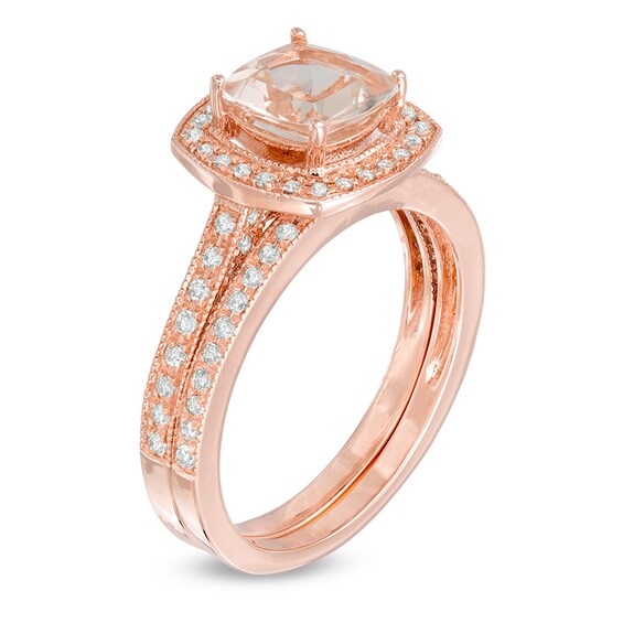 7.0mm Cushion-Cut Morganite and 3/8 CT. T.w. Diamond Frame Bridal Set in 14K Rose Gold