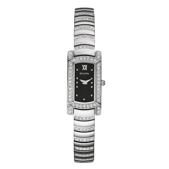 Ladies' Bulova Crystal Accent Watch with Rectangular Black Dial (Model: 96L202)