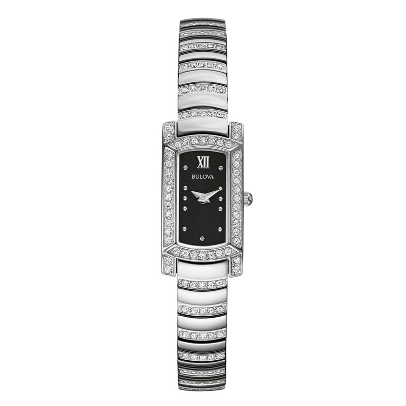 Main Image 1 of Ladies' Bulova Crystal Accent Watch with Rectangular Black Dial (Model: 96L202)