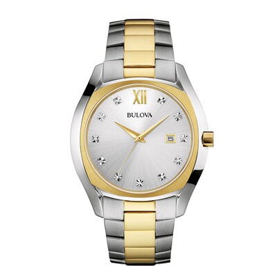Men S Bulova Diamond Accent Two Tone Watch With Silver Dial Model 98d125 Zales