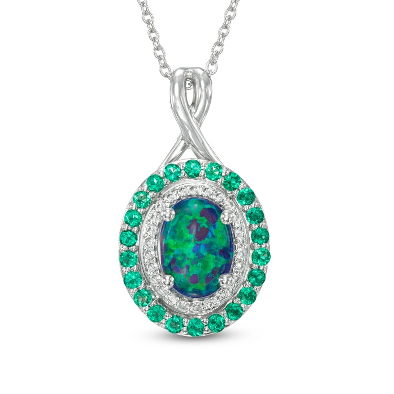 Main Image 1 of Oval Simulated Blue-Green Opal, Lab-Created Emerald and White Sapphire Frame Pendant in Sterling Silver