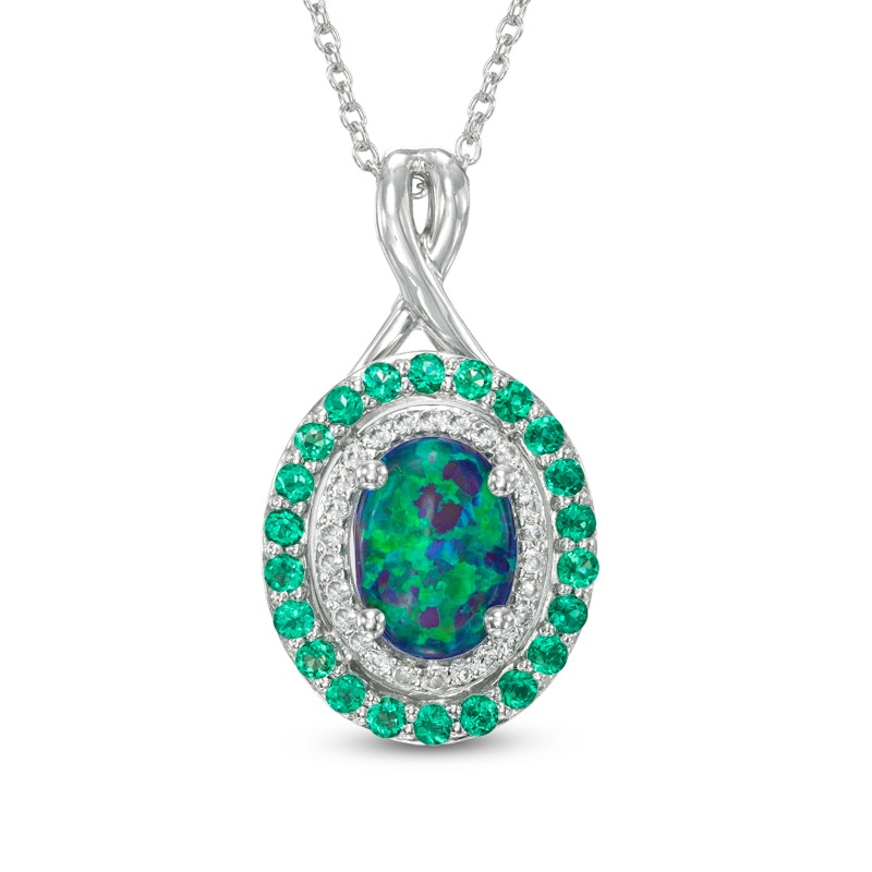 Oval Simulated Blue-Green Opal, Lab-Created Emerald and White Sapphire Frame Pendant in Sterling Silver