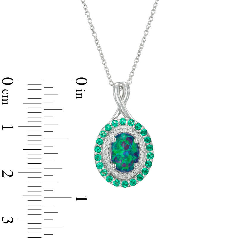 Main Image 2 of Oval Simulated Blue-Green Opal, Lab-Created Emerald and White Sapphire Frame Pendant in Sterling Silver