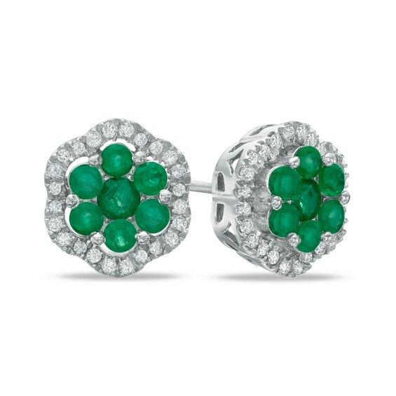 Emerald and White Topaz Flower Stud Earrings in Sterling Silver
