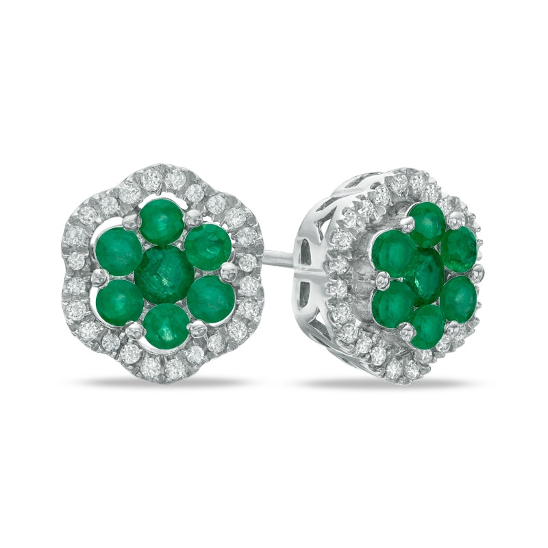 Main Image 1 of Emerald and White Topaz Flower Stud Earrings in Sterling Silver