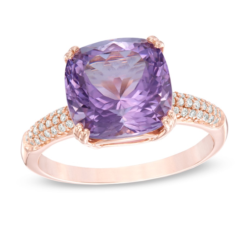 Main Image 1 of 10.0mm Cushion-Cut Rose de France Amethyst and White Topaz Ring in 10K Rose Gold