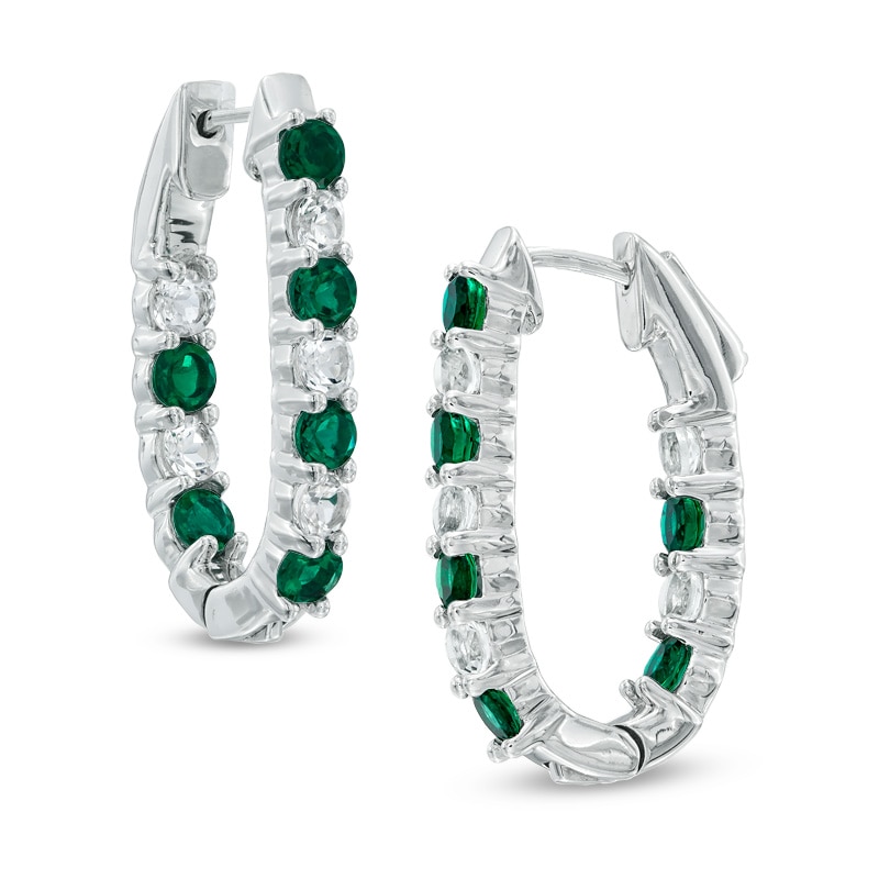 Lab-Created Emerald and White Sapphire Inside-Out Hoop Earrings in Sterling Silver