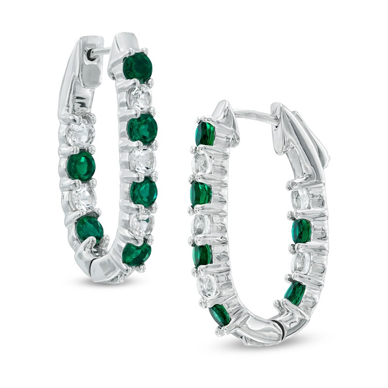 Main Image 1 of Lab-Created Emerald and White Sapphire Inside-Out Hoop Earrings in Sterling Silver