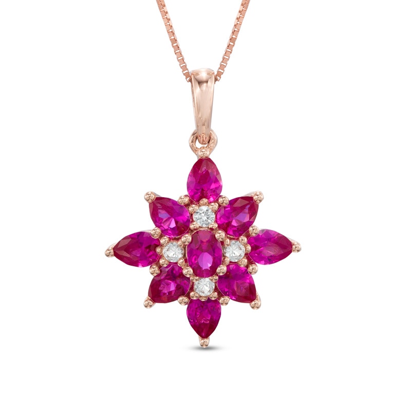 Main Image 1 of Oval and Pear-Shaped Lab-Created Ruby and White Sapphire Pendant in 10K Rose Gold