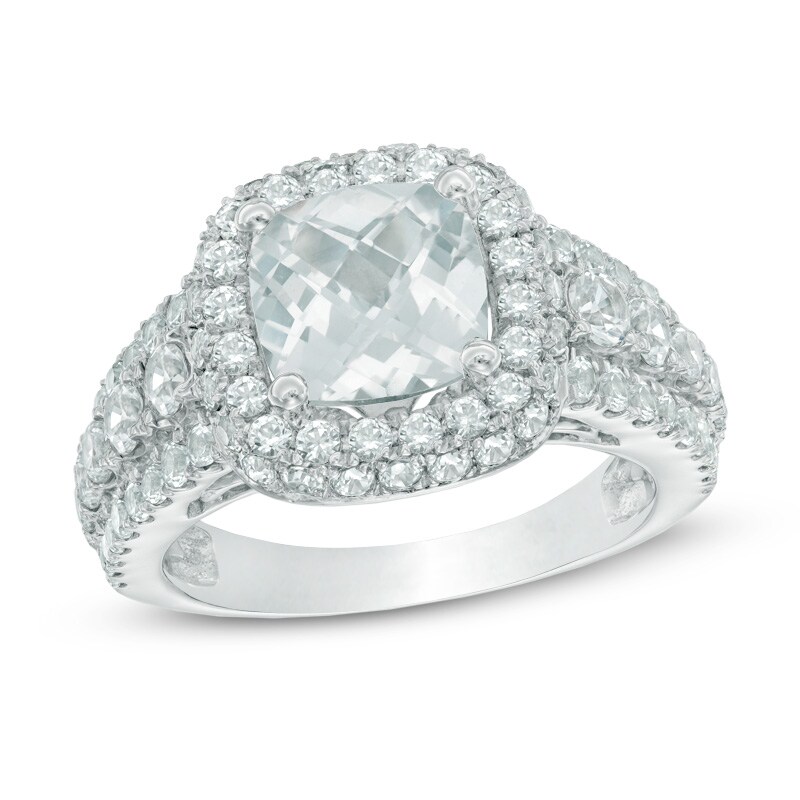 Main Image 1 of 8.0mm Cushion-Cut Lab-Created White Sapphire Frame Ring in Sterling Silver