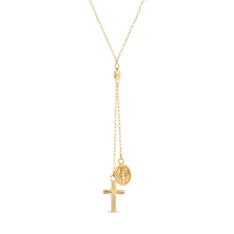 Main Image 1 of Cross and Our Lady of Guadalupe Medal Lariat Necklace in 14K Gold - 17"