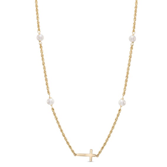 5.0mm Simulated Pearl and Sideways Cross Necklace in 10K Gold