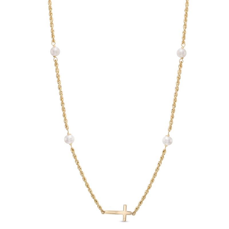 Main Image 1 of 5.0mm Simulated Pearl and Sideways Cross Necklace in 10K Gold