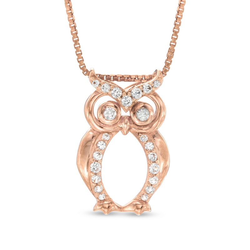 Main Image 1 of Lab-Created White Sapphire Owl Pendant in Sterling Silver with 14K Rose Gold Plate