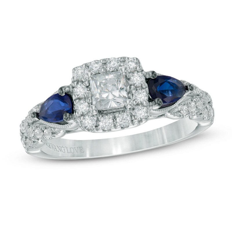 Main Image 1 of Vera Wang Love Collection 5/8 CT. T.W. Diamond and Pear-Shaped Blue Sapphire Engagement Ring in 14K White Gold