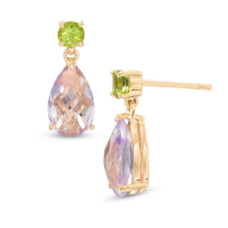 Main Image 1 of Pear-Shaped Rose de France Amethyst and Peridot Drop Earrings in Sterling Silver with 14K Gold Plate