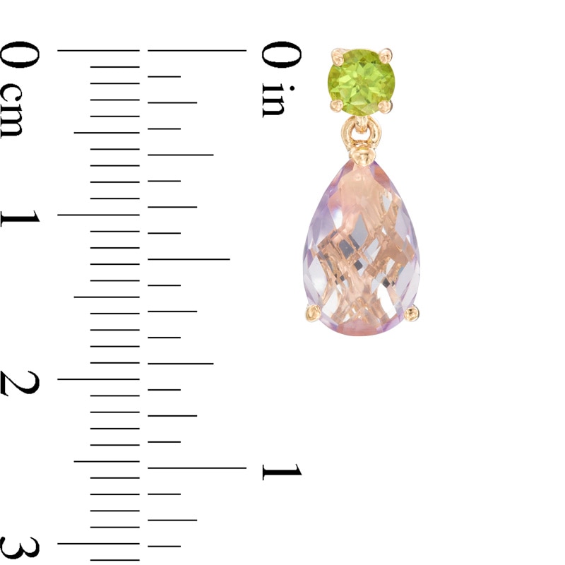 Main Image 2 of Pear-Shaped Rose de France Amethyst and Peridot Drop Earrings in Sterling Silver with 14K Gold Plate