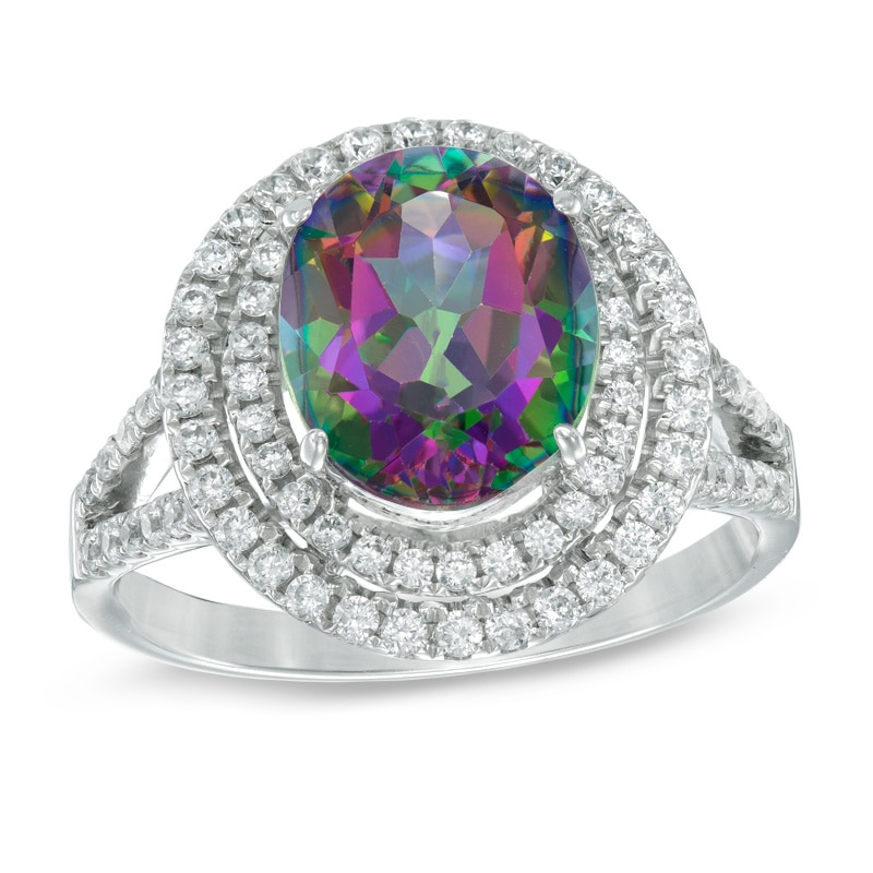 Main Image 1 of Oval Mystic Fire® Topaz and White Topaz Double Frame Ring in Sterling Silver