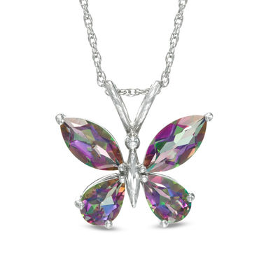 Butterfly Elegant Mystic Rainbow & Amethyst Gems Silver Chain Pendant Necklace 