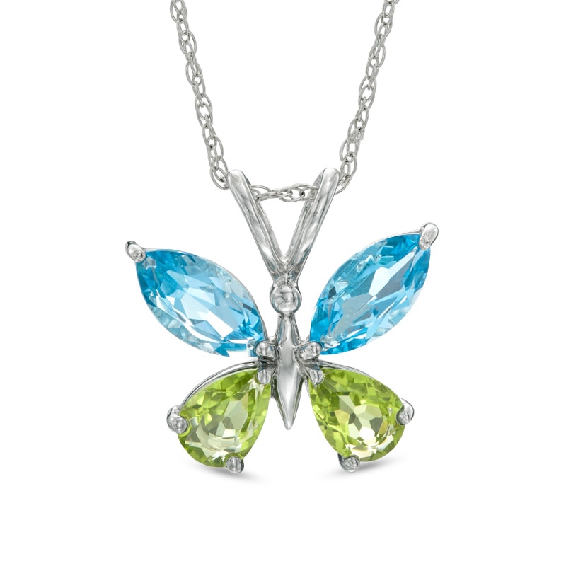 Marquise-Cut Swiss Blue Topaz and Pear-Shaped Peridot Butterfly Pendant in Sterling Silver