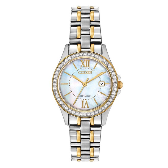 Ladies' Citizen Eco-Drive® Crystal Accent Two-Tone Watch with Mother-of-Pearl Dial (Model: Ew1844-50D)