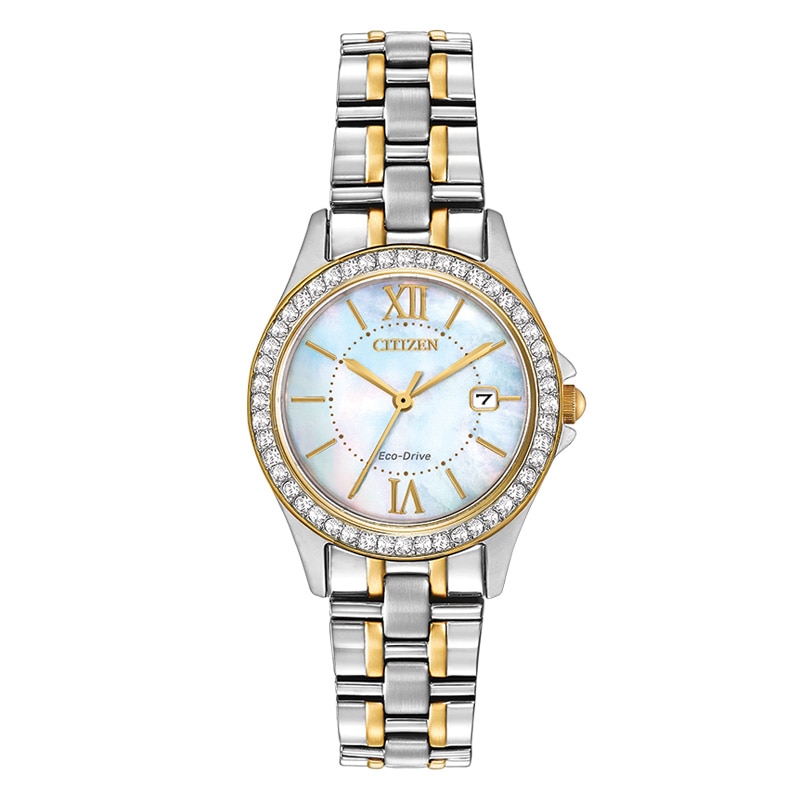 Main Image 1 of Ladies' Citizen Eco-Drive® Crystal Accent Two-Tone Watch with Mother-of-Pearl Dial (Model: EW1844-50D)