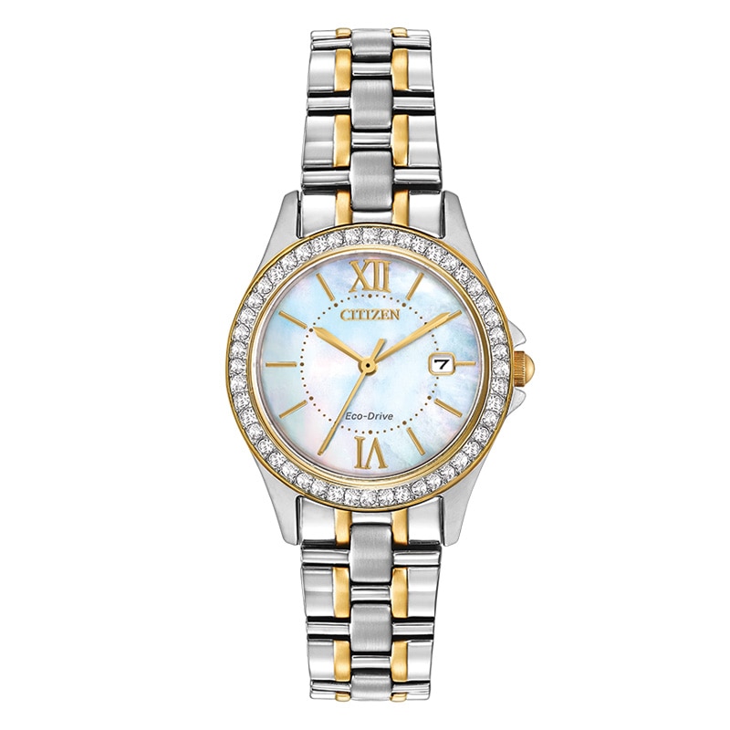 Ladies' Citizen Eco-Drive® Crystal Accent Two-Tone Watch with Mother-of-Pearl Dial (Model: EW1844-50D)