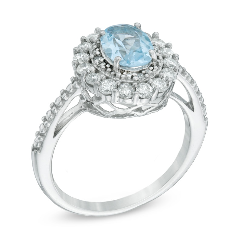 Oval Blue Topaz, Lab-Created White Sapphire and Diamond Accent Double Frame Ring in Sterling Silver