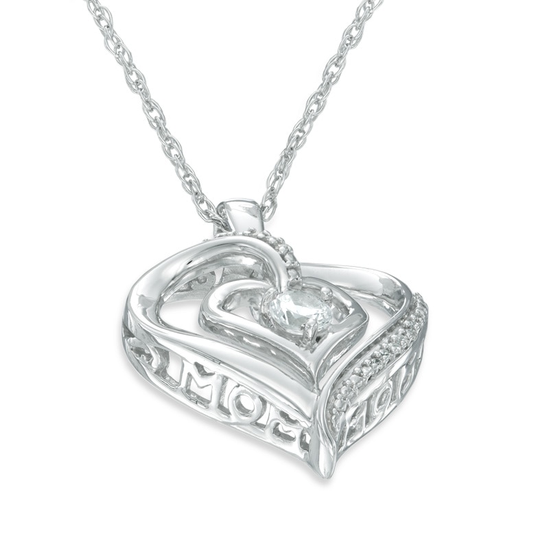 3.5mm Lab-Created White Sapphire and Diamond Accent Double Heart with "MOM" Pendant in Sterling Silver