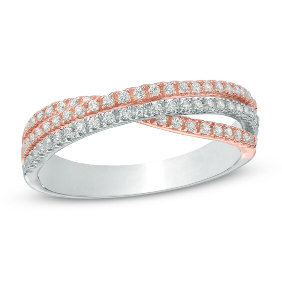 1/3 CT. T.w. Diamond Double Row Crossover Anniversary Band in 10K Two-Tone Gold
