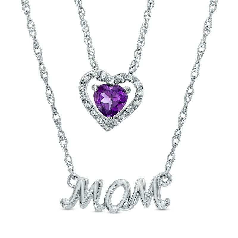 5.0mm Heart-Shaped Amethyst and Diamond Accent "MOM" Double Strand Necklace in Sterling Silver