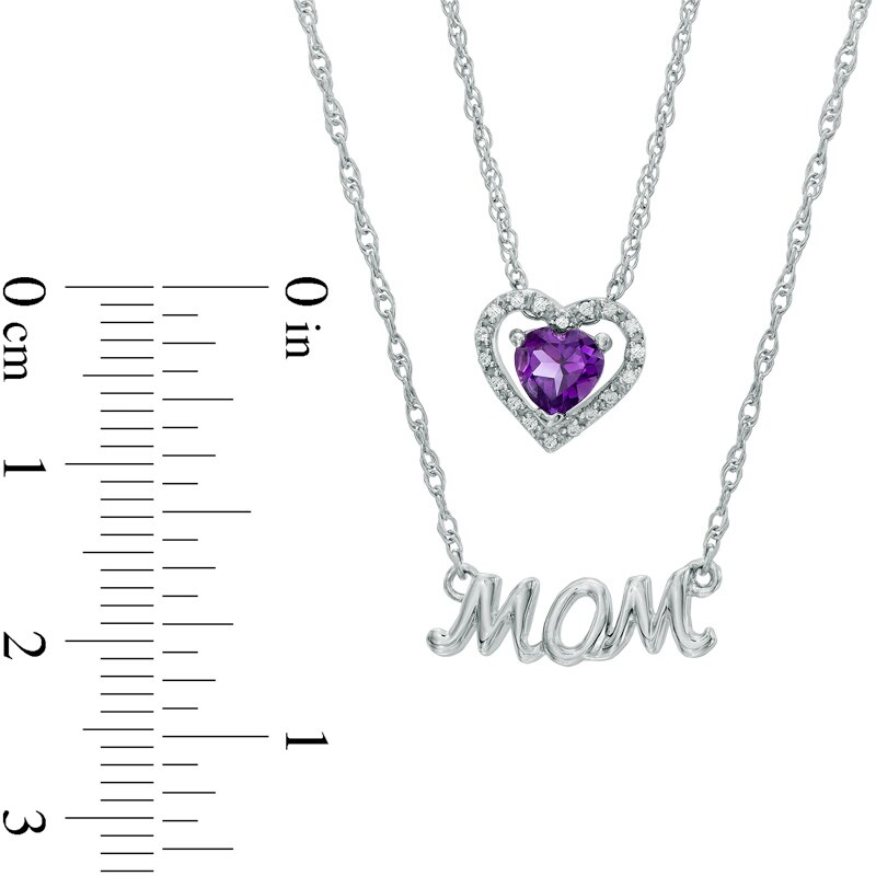 5.0mm Heart-Shaped Amethyst and Diamond Accent "MOM" Double Strand Necklace in Sterling Silver