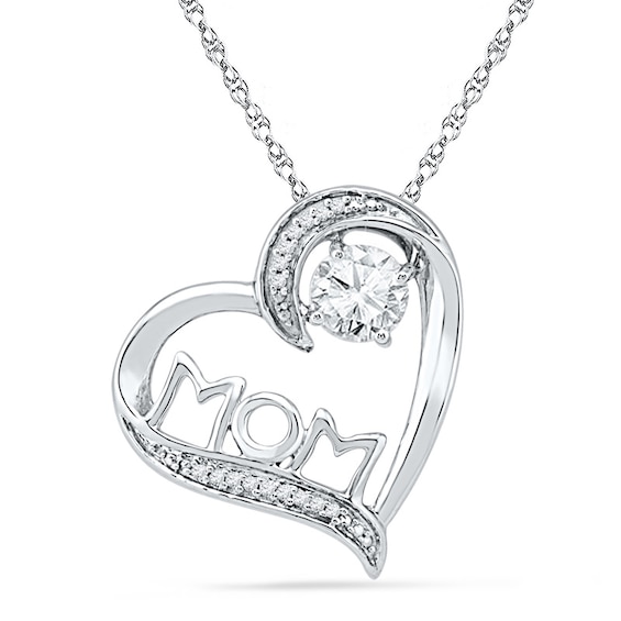 5.0mm Lab-Created White Sapphire and Diamond Accent Mom Tilted Heart Pendant in Sterling Silver
