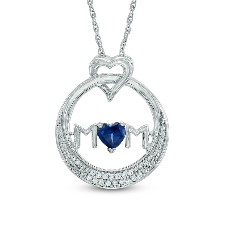 4.0mm Heart-Shaped Lab-Created Blue Sapphire and 1/20 CT. T.W. Diamond "MOM" Circle Pendant in Sterling Silver