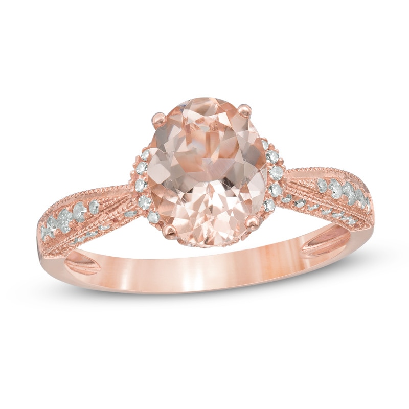 Main Image 1 of Oval Morganite and 1/4 CT. T.W. Diamond Engagement Ring in 14K Rose Gold
