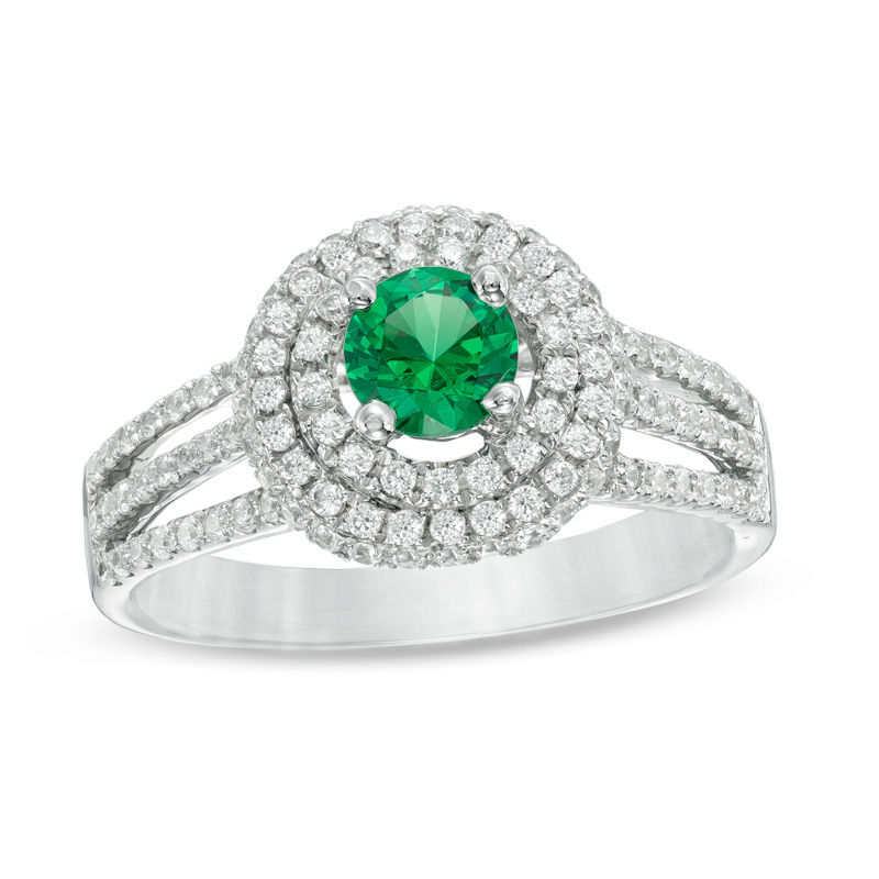 5.0mm Lab-Created Emerald and White Sapphire Double Frame Ring in Sterling Silver