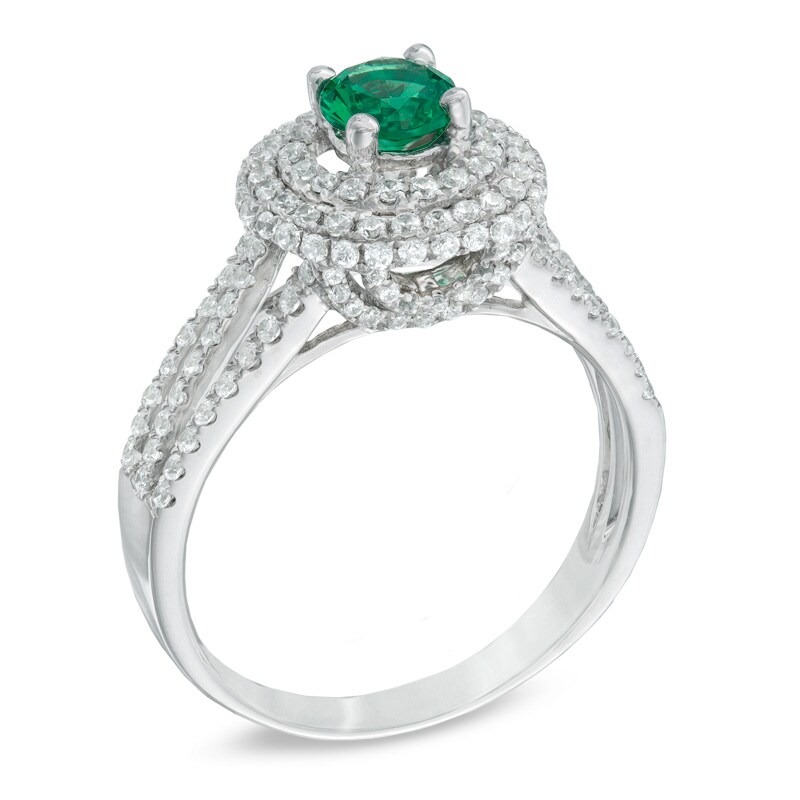 Main Image 2 of 5.0mm Lab-Created Emerald and White Sapphire Double Frame Ring in Sterling Silver