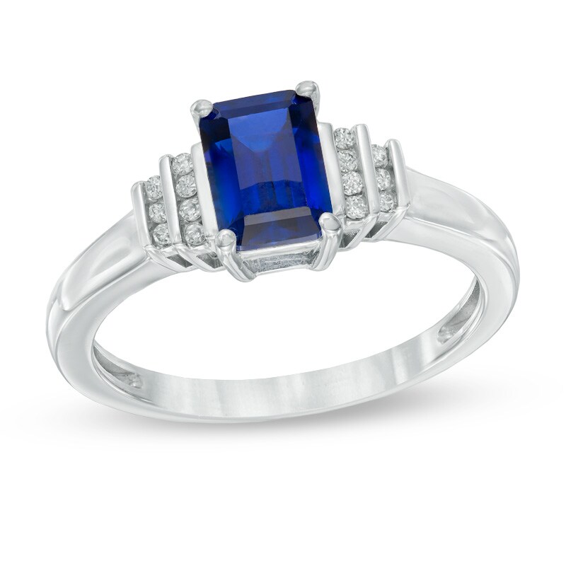 Main Image 1 of Emerald-Cut Lab-Created Blue Sapphire and Diamond Accent Ring in 10K White Gold