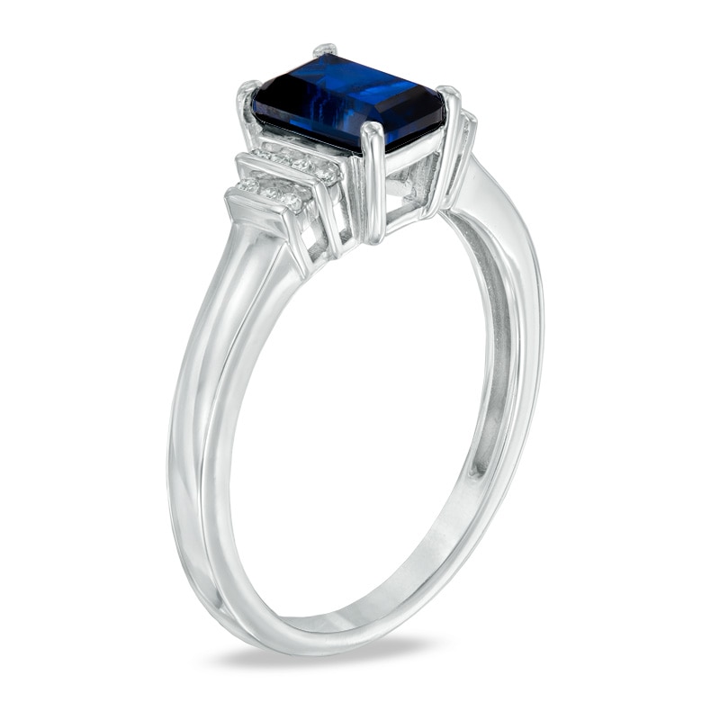 Main Image 2 of Emerald-Cut Lab-Created Blue Sapphire and Diamond Accent Ring in 10K White Gold