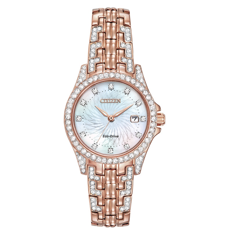 Ladies' Citizen Eco-Drive® Silhouette Crystal Accent Rose-Tone Watch with Mother-of-Pearl Dial (Model: EW1228-53D)