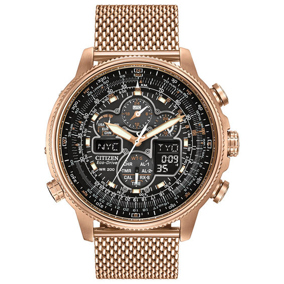 Men's Citizen Eco-Drive® Promaster Navihawk A-T Rose-Tone Mesh Watch with Black Dial (Model: JY8033-51E) Men's Citizen Eco-Drive® Promaster Navihawk A-T Rose-Tone Mesh Watch with Black Dial (Model: JY8033-51E)