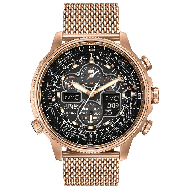 Men's Citizen Eco-Drive® Promaster Navihawk A-T Rose-Tone Mesh Watch with Black Dial (Model: JY8033-51E)