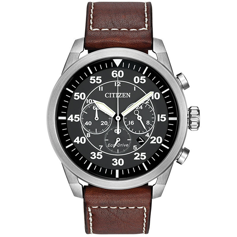 Men's Citizen Eco-Drive® Avion Chronograph Strap Watch with Black Dial (Model: CA4210-24E)