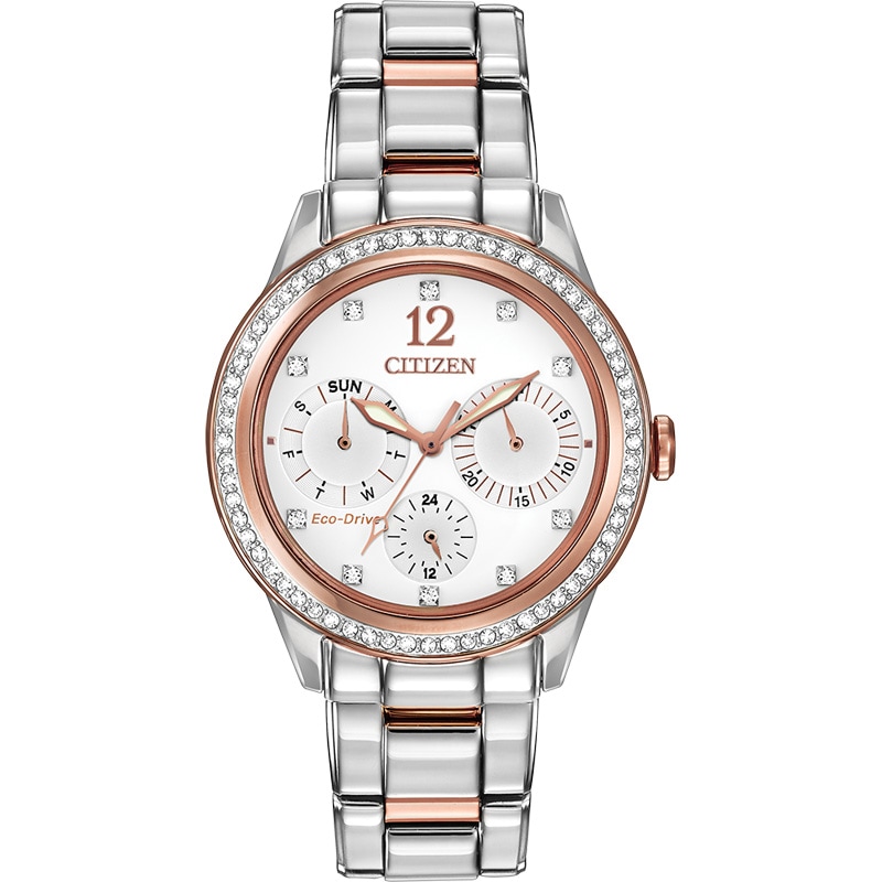 Ladies' Citizen Eco-Drive® Silhouette Crystal Chronograph Two-Tone Watch with White Dial (Model: FD2016-51A)