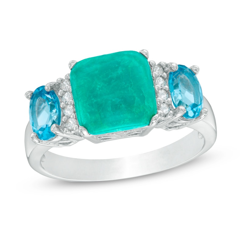 Main Image 1 of 8.0mm Square Turquoise, Swiss Blue Topaz and Lab-Created White Sapphire Ring in Sterling Silver