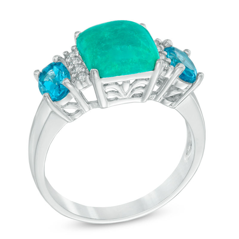 Main Image 2 of 8.0mm Square Turquoise, Swiss Blue Topaz and Lab-Created White Sapphire Ring in Sterling Silver