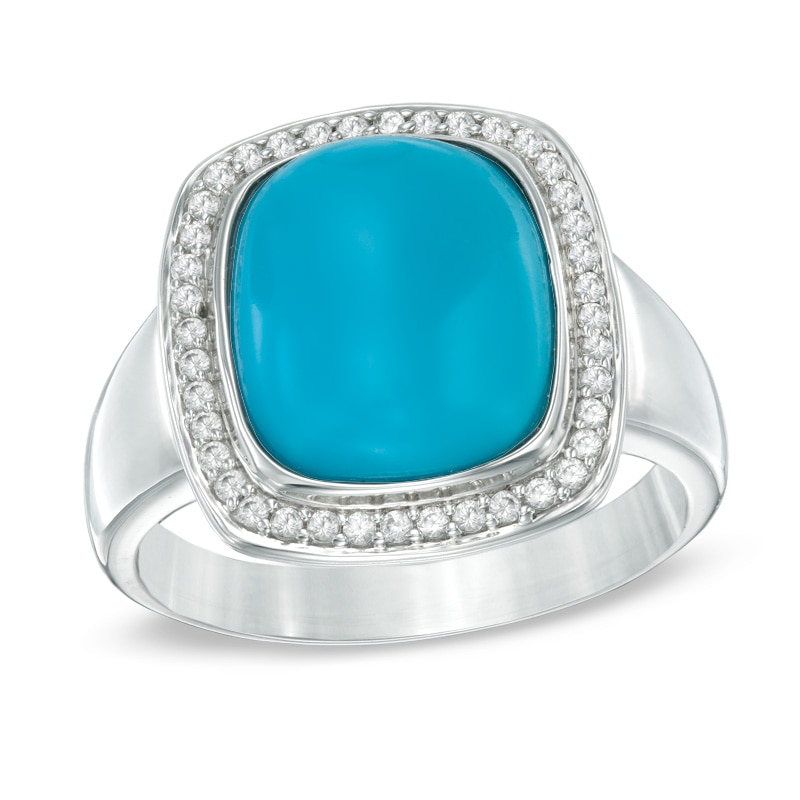 Main Image 1 of Cushion-Cut Turquoise and Lab-Created White Sapphire Frame Ring in Sterling Silver