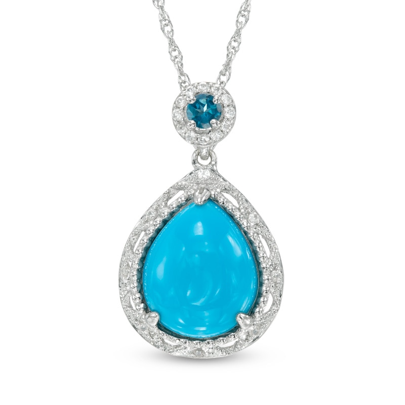Main Image 1 of Pear-Shaped Turquoise, London Blue Topaz and Lab-Created White Sapphire Pendant in Sterling Silver