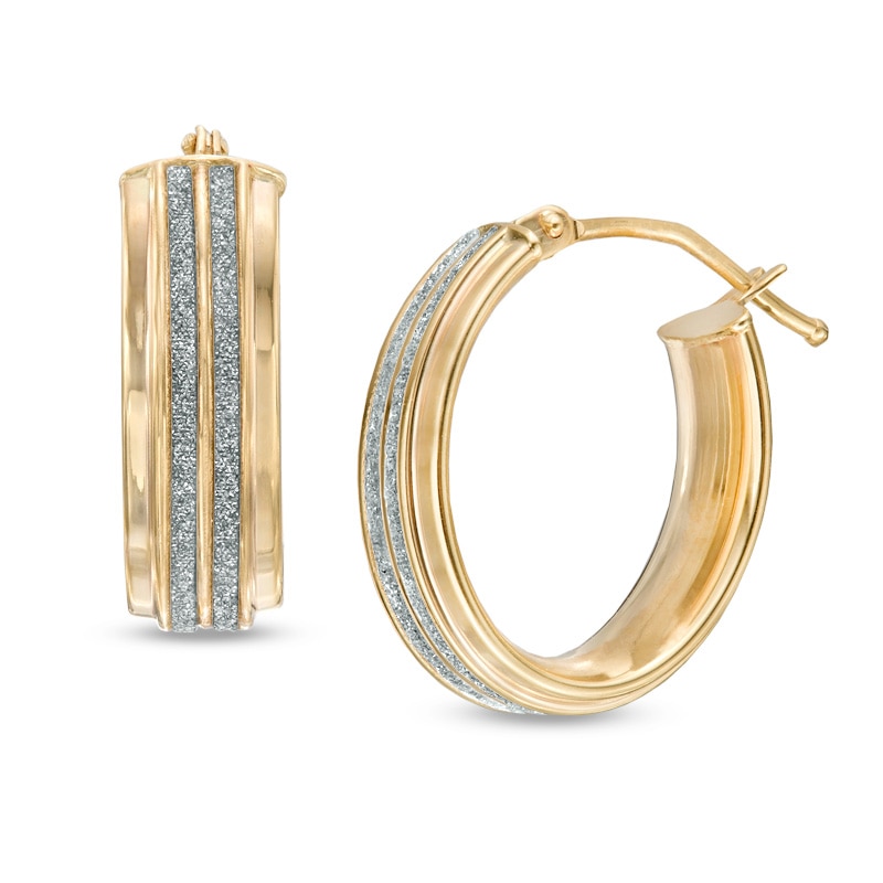 Main Image 1 of Oval Double Row Glitter Hoop Earrings in 10K Gold