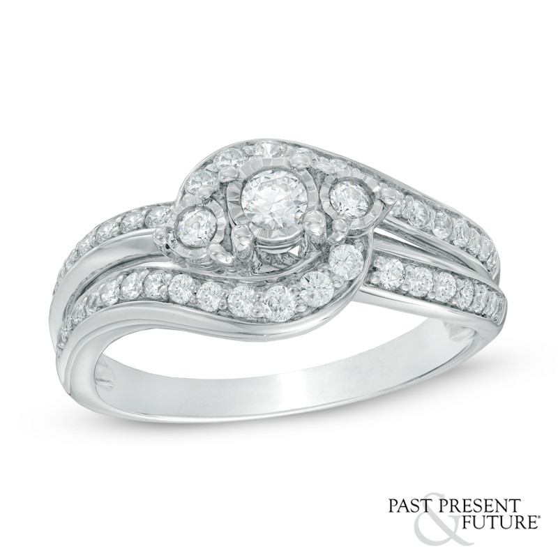 Main Image 1 of 1/2 CT. T.W. Diamond Past Present Future® Swirl Engagement Ring in 14K White Gold